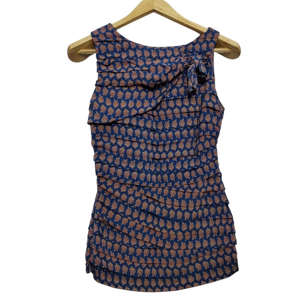 Tory Burch Women's 6 Silk‎ Printed Sleeveless Pleated Detail Top Office Career